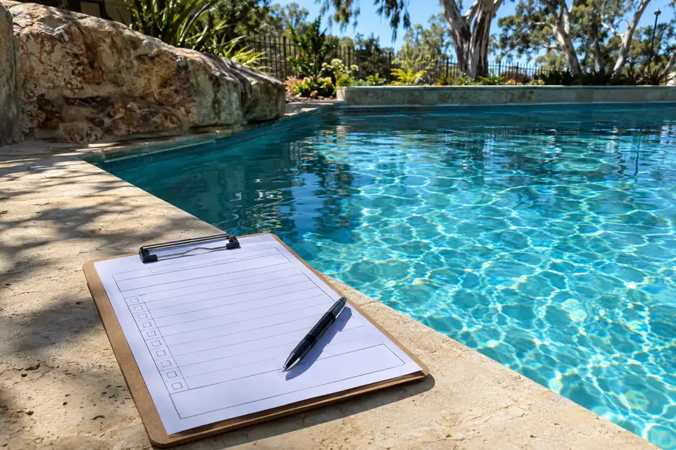 Clipboard with a blank checklist and a pen on the edge of a clear pool