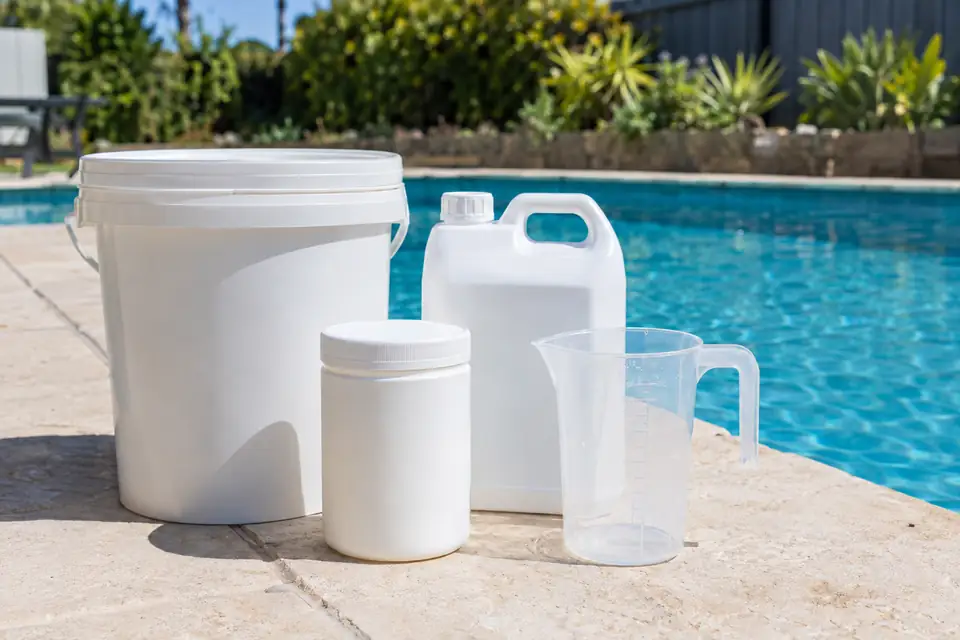 Plain pool chemical containers and a measuring jug on paving beside a pool