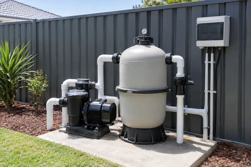 Pool pump and filter on a concrete pad, with a control box on the fence