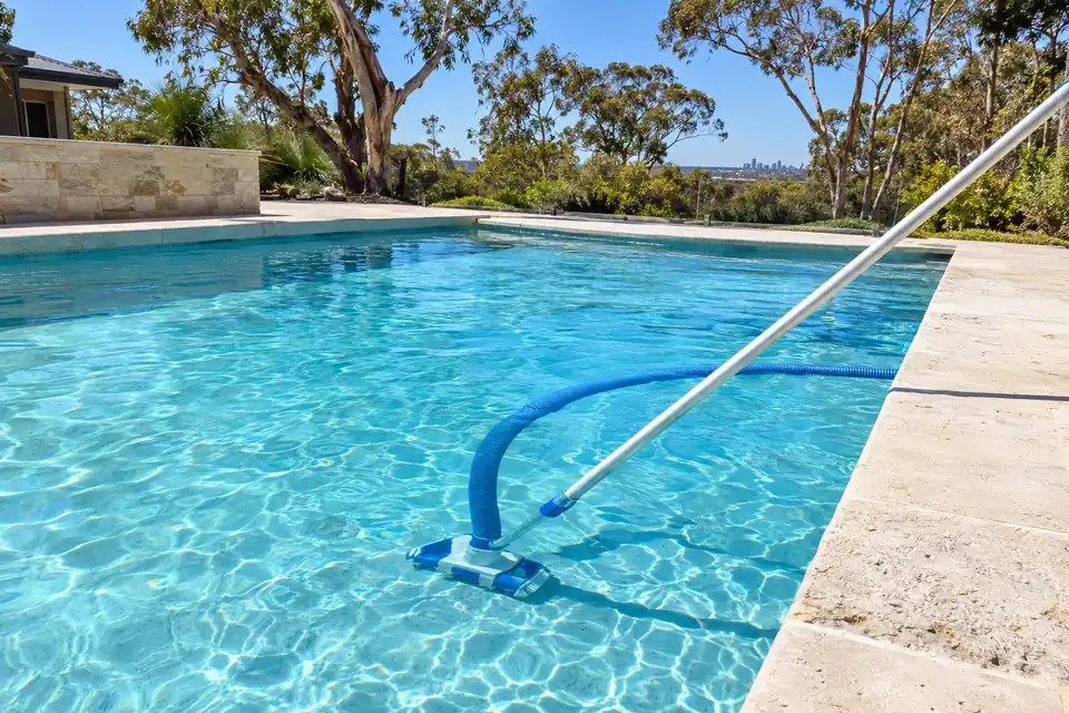 Manual vacuum head on a pole cleaning the floor of a clear pool
